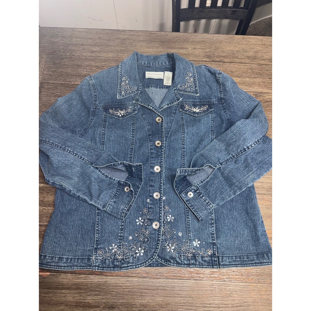 Alfred Dunner Petite Blue Denim Floral Embroidered Button Front Jacket 14P